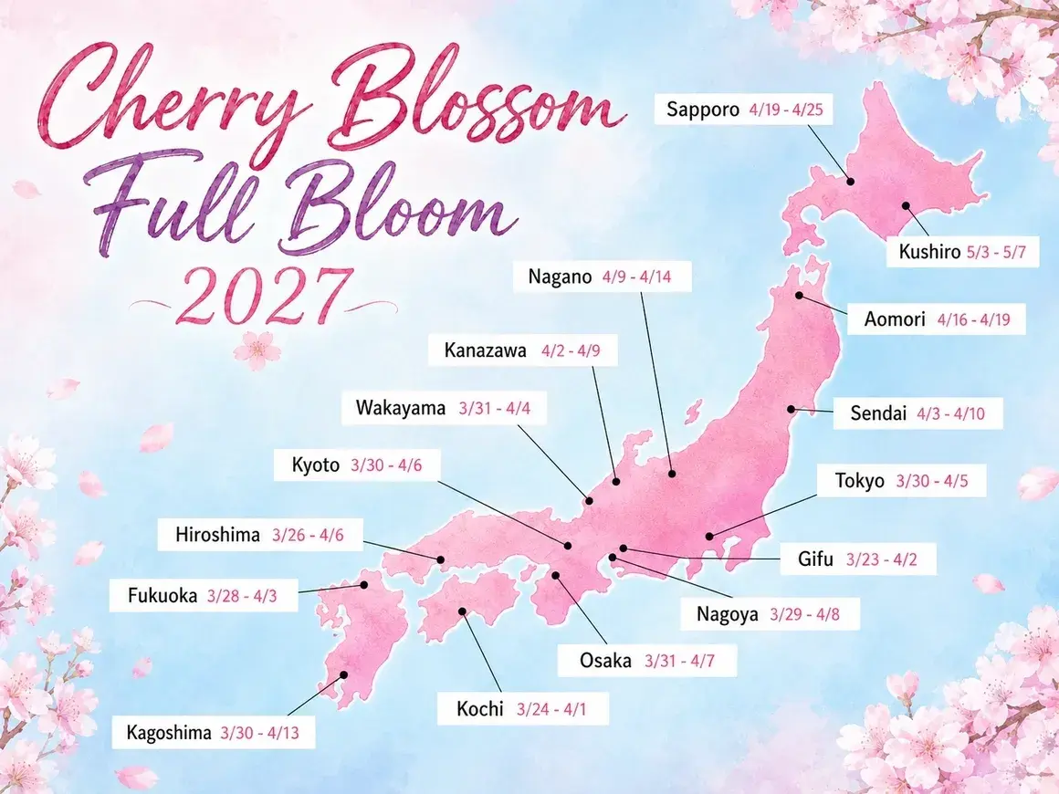 Japan Cherry Blossom Forecast 2027 map showing estimated peak bloom dates