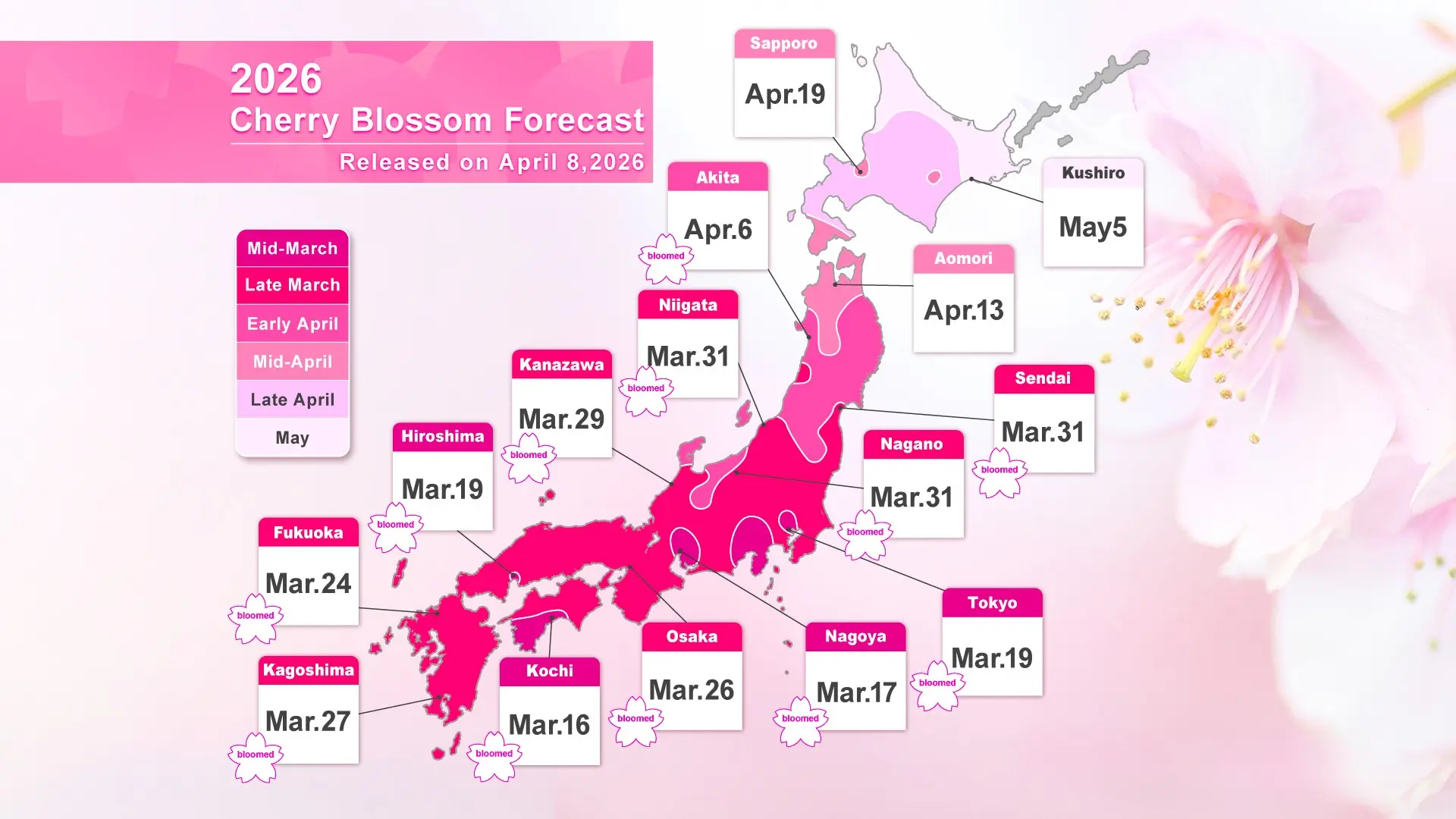 Japan Cherry Blossom Forecast 2026 map showing peak bloom dates across Japan