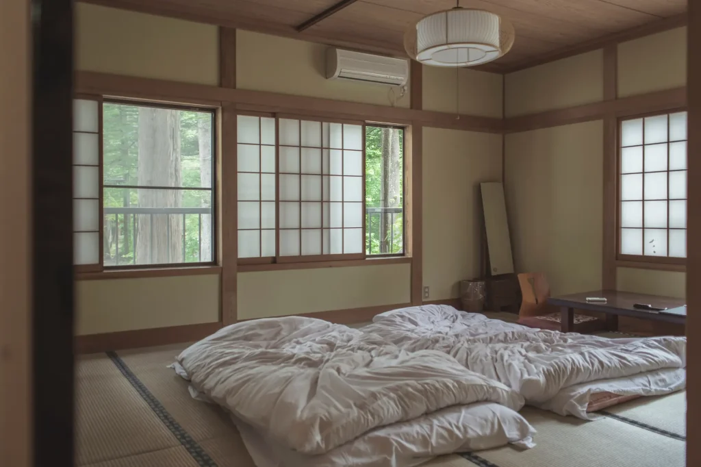 Futon bedding on the tatami floor