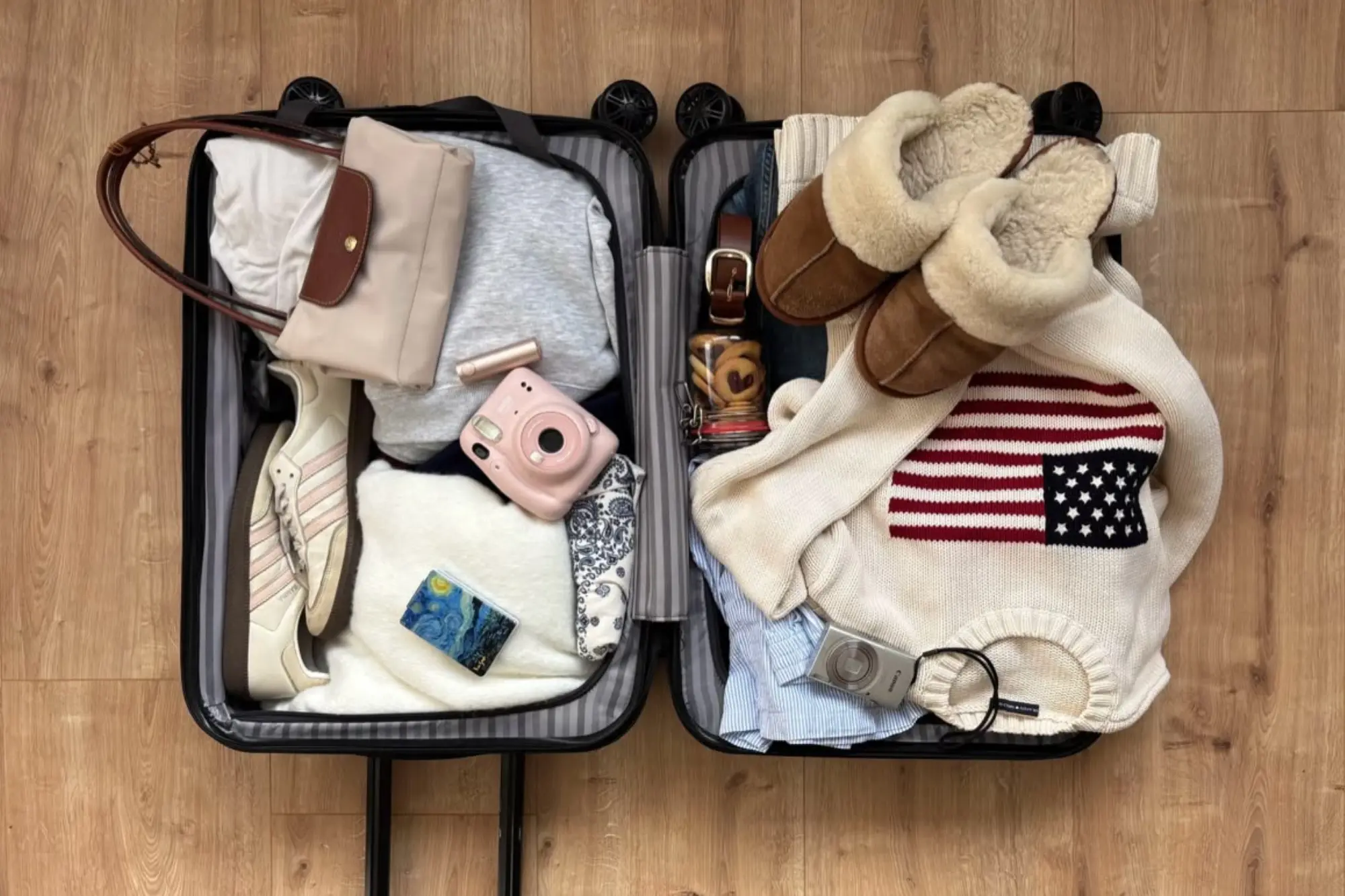 A suitcase filled with autumn travel items